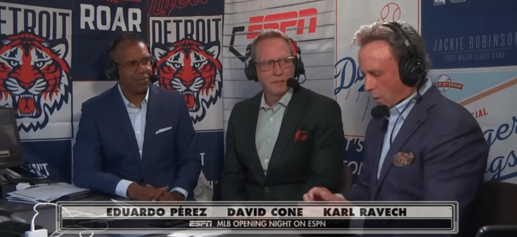 MLB Opening Night on ESPN with announcers Eduardo Pérez, David Cone, and Karl Ravech.